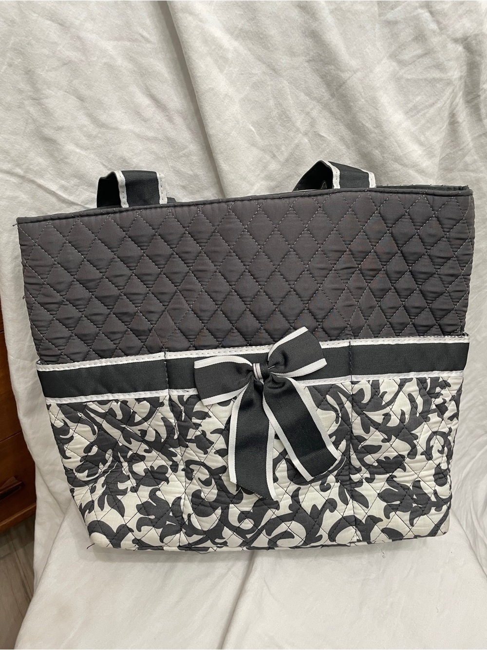 N. Gil Grey and White Damask Quilted Diaper Bag with Changing Pad